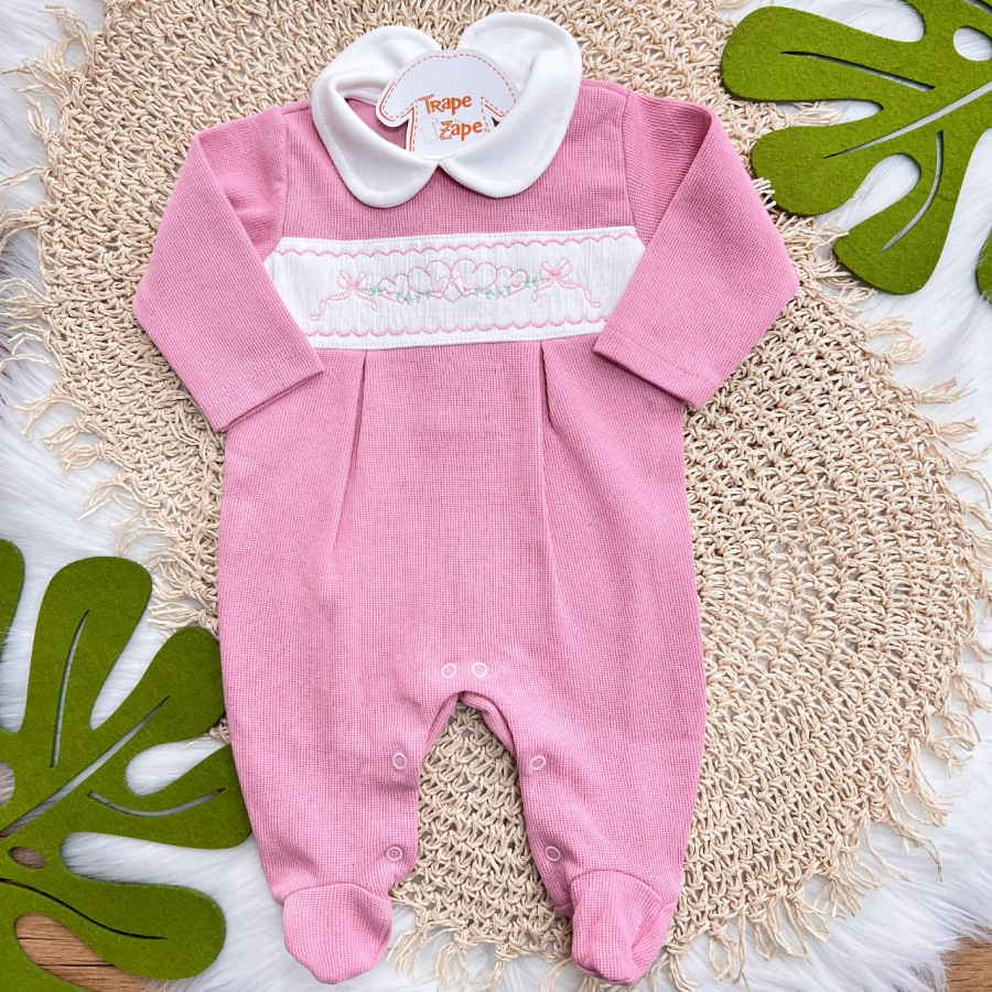  Macacão Tricotil (Tricot 100% Algodão) com Gola e Bordado - Rose com Flores e Corações